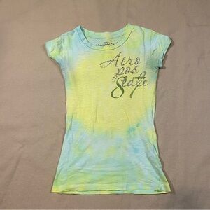 Aeropostale Blue and Yellow Graphic Tee Y2K tie dye gemstone angel wings